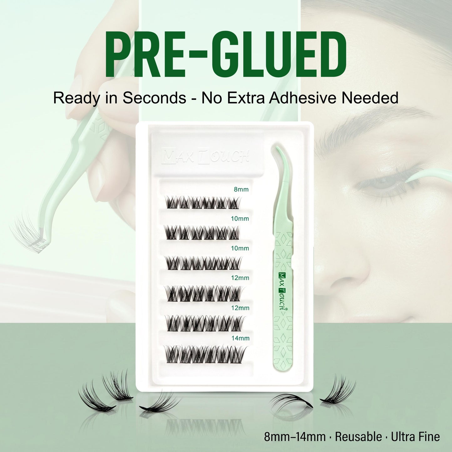 Max Touch Press On – Pre-Glued Underlash Extensions | Reusable Cluster Lashes, 20 Styles